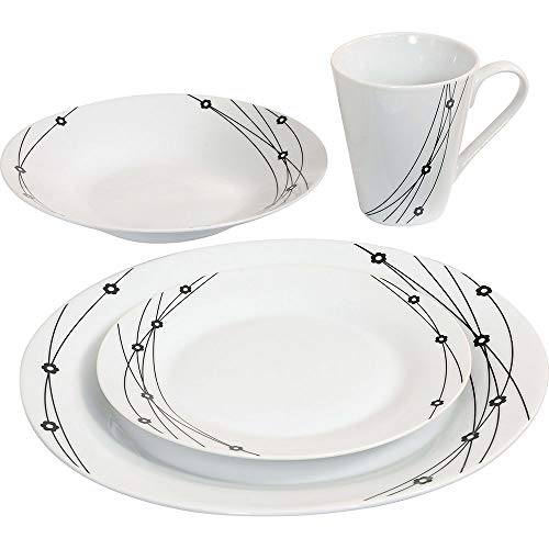 16PC Dinner Set Bowl Plate Mug Soup Side Porcelain Cup Gift Kitchen Service New (Black Patterns)